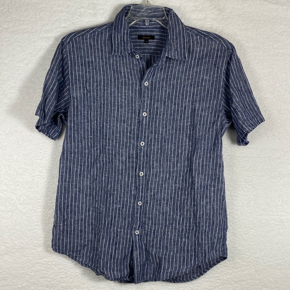 Quince Mens 100% European Linen Relaxed Short Sleeve Shirt Chambray Stripe M